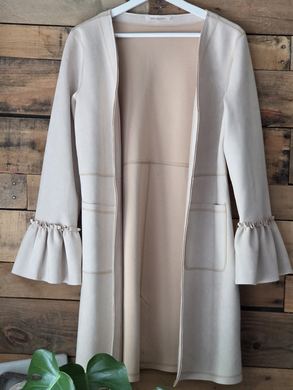 Solitaire Cream Ruffle-Cuff Open-Front Long Coatigan
